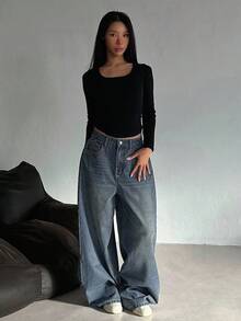 DAZY Women's Distressed Washed Wide Leg Casual Jeans Y2k - Medium Wash - View 4