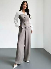 Firerie 优雅条纹单排扣长袖衬衫阔腿裤套装 / 条纹套装 / 适合女性 / 秋季女装 / 通勤装 / 教师装 / 返校季 / 复古风 / 商务休闲女装 / 女士办公室着装 / 老钱风格套装 / 知性优雅套装 - 彩色 - 查看 5