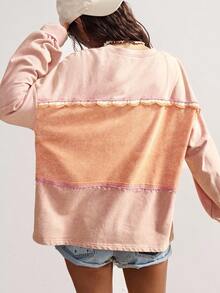 Bohemela Áo thun dài tay tối giản màu khối cỡ lớn dành cho nữ - Màu Hồng baby - Xem 7