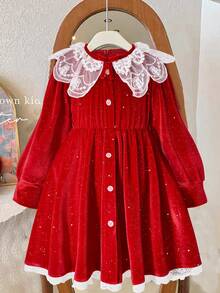 Glamorique Kids Girls' Autumn/Winter Velvet Lace Trim Rhinestone Embellished Long Sleeve Dress, Elegant Red, Soft & Comfortable, Suitable For Parties, Birthdays, Christmas, Versatile For Various Occasions, Regular Thickness, Autumn/Winter