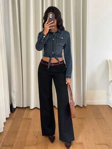 SHEIN PETITE 女士秋季时尚前扣系腰牛仔衬衫 - 深色水洗藍 - 查看 8