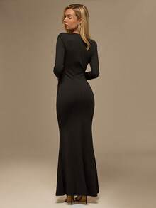 Glamine Women's Autumn Elegant Black And Silver Fitted Dress,Long Sleeve V-Neck Waist Mermaid Hem With Tassel Decor,Perfect For Dinner,Party,Cocktail & Prom - Black - View 5