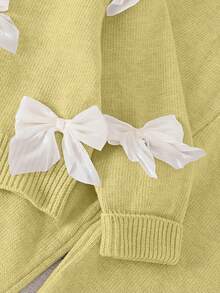 SHEIN Playful Pals 少女时尚甜美蝴蝶结针织毛衣搭配休闲直筒裤，适合居家、外出、聚会、返校 - 綠色 - 查看 8