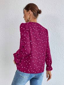 LanaWest 女士心形印花V领长袖时尚衬衫 - 玫紅色 - 查看 2