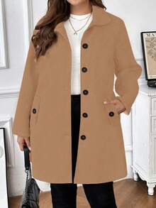 大码女式纯色长袖单排扣休闲口袋羊毛大衣，秋冬款 - 卡其色 - 查看 1
