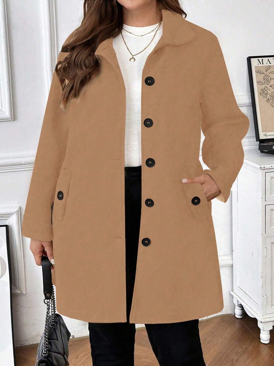大码女式纯色长袖单排扣休闲口袋羊毛大衣，秋冬款 - 卡其色 - 查看 1