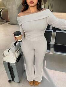 SHEIN EZwear 大码休闲家居服简约露肩罗纹两件套 - 卡其色 - 查看 3