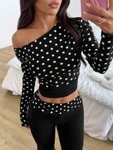 SHEIN EZwear 大码优雅通勤波点印花不对称领上衣和裤子两件套 - 黑色 - 查看 3