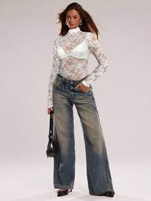 SHEIN BAE Bộ đồ liền thân ren hoa cổ đứng tay dài gợi cảm cho nữ - trắng - Xem 4