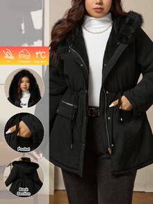 Zelara Plus Size Women Solid Color Long Sleeve Zipper Collar Faux Fur Hooded Casual Winter Jacket Women's Quilted Zipper Long Hooded Padded Jacket With Pockets, Warm And Comfortable,2025 New,Comfortable And Warm From The Cold,Plus Size Women Long Sleeve Pockets Casual Coat,Fall Women Clothes, Winter Clothes For Women,Vintage,Going Out Outfits,Fall Outfits,Winter For Women,Fall Clothes Plus Size, Office Outfits For Women,Fall Outfits For Women,Classy Outfits For Women,Women's Fall Clothes,Office,Old Money Style Women,Plus Size Women Long Sleeve Pockets Casual Hooded Coat,Quilted Coat,Zip Up,Women's Winter Clothes ,Christmas Women's Clothing,Suitable For Multiple Occasions Autumn Women'S Autumn And Winter Warm Coat With Fur Collar And Hood - Black - View 10