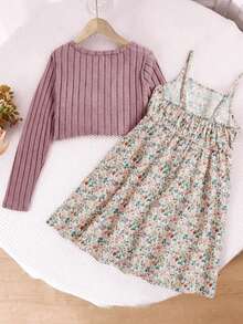 SHEIN NovaGlow 儿童少女碎花吊带连衣裙和纽扣短开衫两件套，舒适针织面料，秋冬款 - 藕粉色 - 查看 3