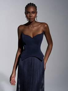 Elitara Elegant Luxury Sexy Knit Glitter Off-Shoulder Cat Collar Waist Tassel Decor Bodycon Dress, Suitable For Formal Occasions Like Galas, Exhibitions, Business Events, And Evening Parties - Navy Blue - View 4