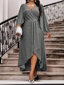 Fleurora New Spring And Summer Autumn And Winter Elegant Party Wedding Valentine's Day  Cocktail Party Concert/Music Festival Black Knitted Overlap Collar Flared Split Flounce Sleeve Long Long Sleeve Plus Size Dresses Elegant Dresses For Party Elegant Party Dresses Elegant Dresses For Women Elegant Dresses For Ladies Elegant Dress Shiny Dress Sparkly Plus Size Solid Color V-Neck Front Short Black Long Wrap Elegant Dress Spring Outfit Women Summer Dress  Party Dress  Wedding Guest Dress For Women  Birthday Dress Vacation - Black - View 1