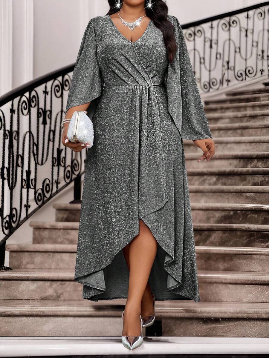 Fleurora New Spring And Summer Autumn And Winter Elegant Party Wedding Valentine's Day  Cocktail Party Concert/Music Festival Black Knitted Overlap Collar Flared Split Flounce Sleeve Long Long Sleeve Plus Size Dresses Elegant Dresses For Party Elegant Party Dresses Elegant Dresses For Women Elegant Dresses For Ladies Elegant Dress Shiny Dress Sparkly Plus Size Solid Color V-Neck Front Short Black Long Wrap Elegant Dress Spring Outfit Women Summer Dress  Party Dress  Wedding Guest Dress For Women  Birthday Dress Vacation - Black - View 1