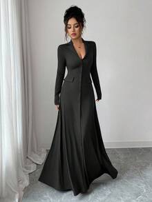 SHEIN Elenzya Gaun Rajut Elegan Bergaris Polos Ukuran Standar Wanita, Musim Gugur/Dingin - Hitam - View 6