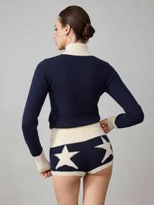 ROMWE Avant 2pcs Y2K Sporty Retro Numeral Cardigan & Shorts Set For Women - Navy Blue - View 2