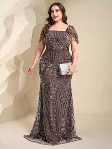 Coutiva Váy đuôi cá đính hạt đá pha lê sang trọng cỡ lớn thanh lịch, đầm dạ hội thanh lịch, thích hợp cho tiệc cocktail, tiệc khiêu vũ, tiệc cưới, thích hợp cho lễ tốt nghiệp, tiệc tối - màu nâu - Xem 7