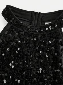 SHEIN Tween Girl Casual Everyday Elegant Beaded Knit Halter Waist A-Line Dress, Girls Black Dress, Suitable For Christmas, New Year, Birthday Party, Sibling Outfits Matching Outfits Girls Luxury Dress Black Party Dress - Black - View 2