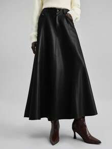 Ontre 2026春夏新款女士PU皮A字裙，宽松版型，适合都市通勤、商务、休闲、情人节派对、婚礼宾客等场合 - 黑色 - 查看 6