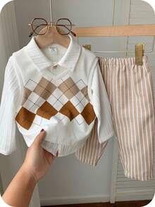 男婴三件套休闲百搭菱格纹背心、白色长袖衬衫、卡其色条纹休闲裤套装，适合生日派对、锐舞派对、晚宴、演出、婚礼、宝宝满月、一周岁生日庆祝、婚礼宾客、迎婴派对、洗礼服 - 彩色 - 查看 6