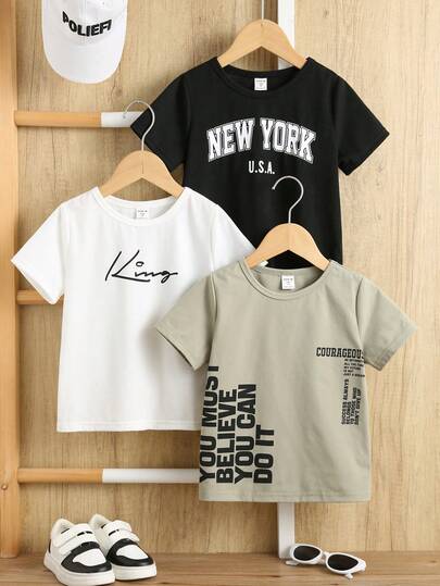 3pcs/Set Young Boy Casual Letter Graphic Print Crew Neck Knit T-Shirts, Suitable For School And Outdoor Wear, Spring/Summer