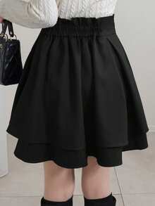 FRIFUL 女士黑色纯色高腰褶裥短款休闲百搭修身迷你裙，秋冬款