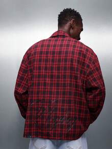 PLAYBOY X SUMWON Men's Cropped Button Down Plaid Flannel Shirt With Back Graphic Print Long Sleeve Casual Fall Winter - Red and Black - View 5