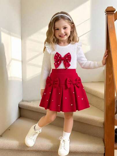 Elladie kids Conjunto de 2 piezas para niñas jóvenes: Camiseta de punto con volantes blancos + Falda de pana burdeos con lazo de perlas, estilo princesa, adecuado para fiesta de Año Nuevo, primavera/otoño