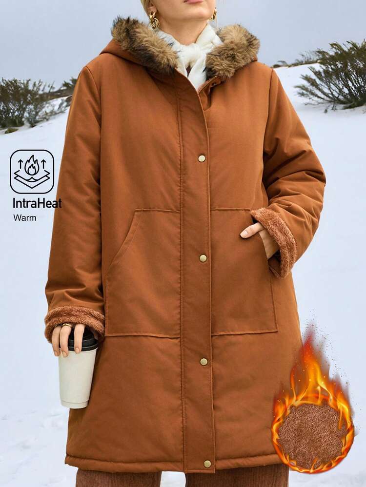 Plus Size Women Winter Country Casual Vacation Street Fashion Casual Solid Color Long Sleeve Brown Faux Fur Collar Patchwork Hooded Knee-Length Padded Coat With Pockets, Winter,Christmas,New Year, Winter Coat Outerwear,Going Out,2025 New,Simple And Fashionable For Everyday Wear,Christmas,New Year,Halloween Women,Thickened Fleece Warm Coat,Winter,Thanksgiving