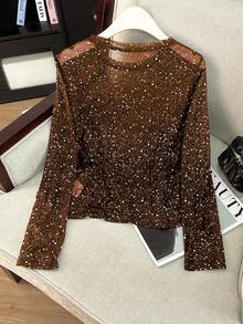 Franclia 棕色圆领网眼拼接长袖上衣，金属箔 - 咖啡棕 - 查看 2