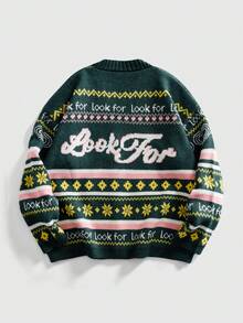 ROMWE MEN Street Life Chaqueta de punto con estampado de letras de colores para hombre - Verde - Ver 2