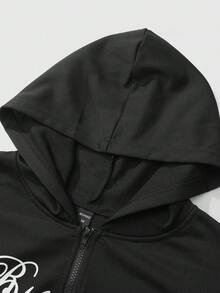 ROMWE MEN Prep Men's Contrast Color Print Hooded Long Sleeve Patchwork Sweatshirt - Black - View 4