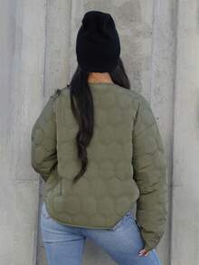 SAYEHFBABY 休闲几何圆领口袋加厚保暖聚酯纤维合成保暖冬季外套冬季夹克 - 軍綠色 - 查看 2