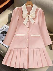 SHEIN Explorewe 优雅学院风褶皱领长袖连衣裙，适合青少年女孩，可用于上学、通勤、外出、聚会、购物等场合，可搭配夹克、外套、羽绒服。 - 粉色 - 查看 6