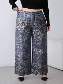 SHEIN PETITE CURVE 娇小码加大码情人节派对女士豹纹口袋休闲阔腿嘉年华夏季度假牛仔裤 - 中等水洗藍 - 查看 5