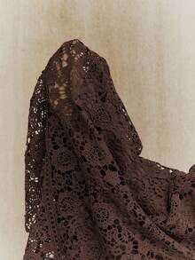 Anewsta Elegant Lace Patchwork Splice Coffee Short Sleeve Ruffle Splice Dress