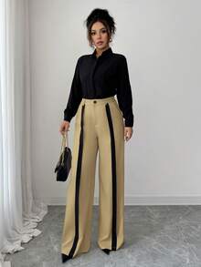 SHEIN Tall 女士休闲阔腿裤，带口袋和拉链，优雅商务通勤裤，卡其色搭配黑色，适合秋冬季、约会、上学、工作等场合。 - 駝色 - 查看 5