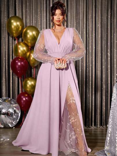 Cravure Plus Size Women's Elegant Deep V-Neck Lace Patchwork Long Sleeve High Slit Dress, Suitable For Graduation, Holidays, Valentine's Day, Christmas, Music Festivals, Mother's Day, Halloween, Thanksgiving, Easter, National Day, Balls, Dates, Parties, Weddings, Outings