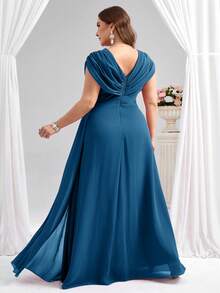 Coutiva Vestido elegante de la madre de la novia con cuello en V, decoración con aplicaciones y drapeado, talla grande, Día de San Valentín - Neblina azul - Ver 2