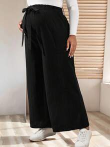 SHEIN Pantaloni casual a vita larga e gamba ampia con nodo in vita, per donne in gravidanza taglia curvy - nero - Visualizzare 2