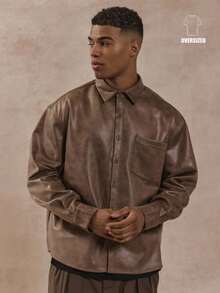 Musero Oversized Long Sleeve Button Through Leather Effect Shirt SPRING SUMMER Essentials Layering - Brown - View 1
