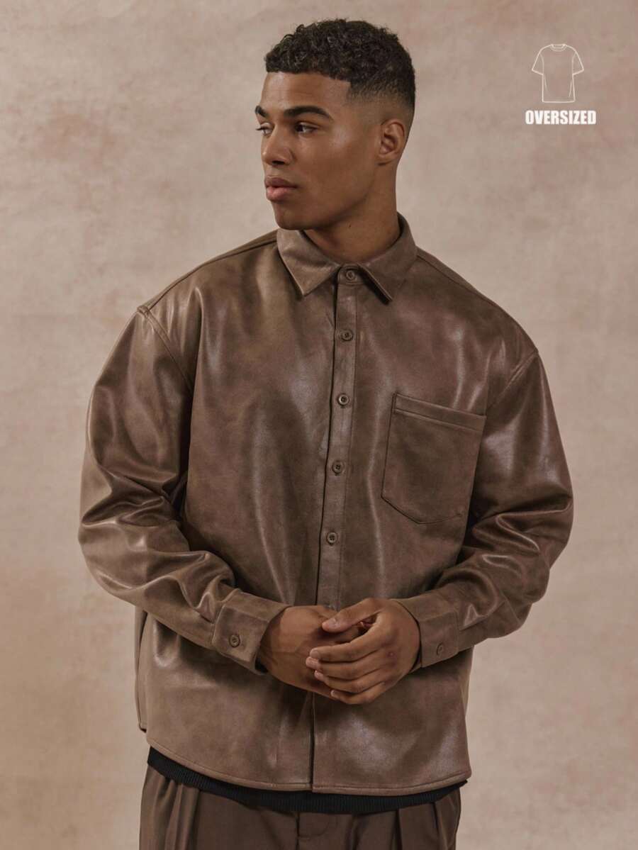 Musero Oversized Long Sleeve Button Through Leather Effect Shirt SPRING SUMMER Essentials Layering - Brown - View 1