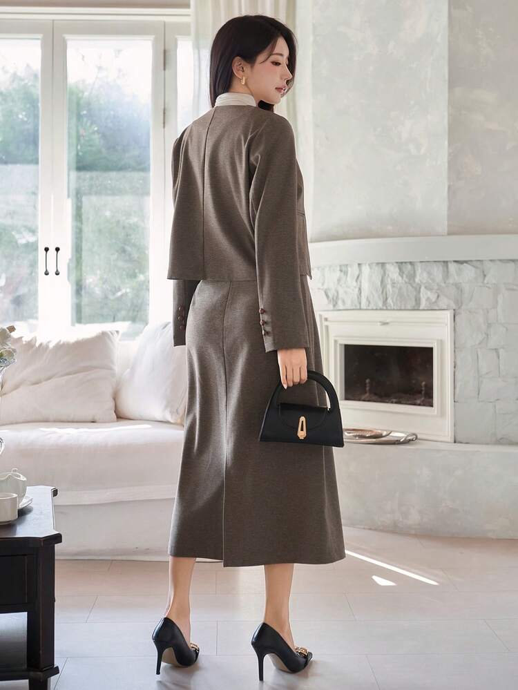 Women's Casual Solid Color Round Neck Jacket And A-Line Skirt 2-Piece Set, Autumn