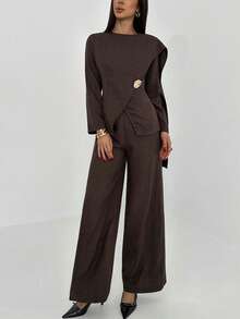 Aloruh Conjunto Elegante de 2 Peças Feminino com Top de Manga Longa e Calça com Bainha Dividida, Cor Sólida Marrom Chocolate, para Escritório e Outono - Castanho - Visão 5
