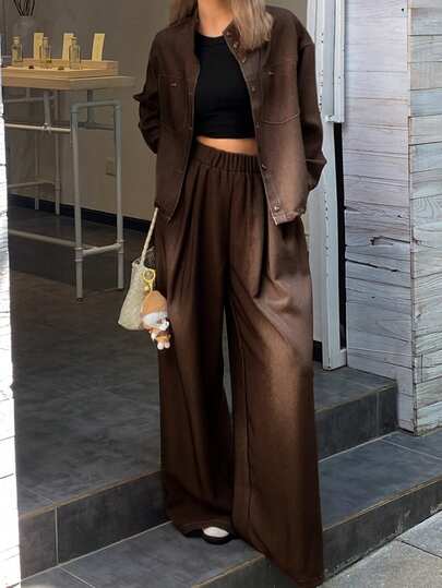 DAZY Women's Casual Solid Color Pocket Jacket And Wide Leg Jeans Suit, Autumn