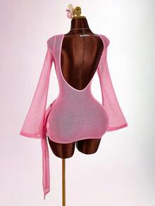 Amplova Rochie mini pentru femei, cu mânecă lungă, confortabilă, cu guler înalt, rochie mini sexy fără spate, potrivită pentru picnicuri de primăvară și drumeții - Galben de gâscă - Vizualizare 1