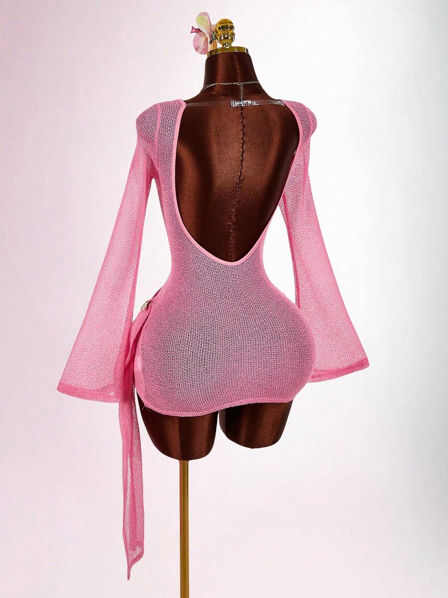 Amplova Rochie mini pentru femei, cu mânecă lungă, confortabilă, cu guler înalt, rochie mini sexy fără spate, potrivită pentru picnicuri de primăvară și drumeții - Galben de gâscă - Vizualizare 1