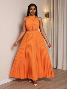 Xyvia 女士橙色交叉褶皱胸部设计A字喇叭连衣裙，露背挂脖系带设计，性感优雅，适合生日、约会、派对、鸡尾酒会、独立日、光棍节、返校季、万圣节、平安夜、感恩节等场合。 - 亮橙色 - 查看 6