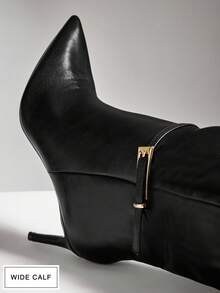 SHUZIA 女士宽筒时尚舒适性感尖头踝带细高跟过膝长靴，带内侧拉链，适合圣诞节、情人节等节日穿着，宽楦设计 - 黑色 - 查看 7