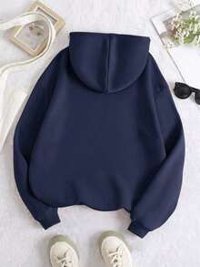 Sudadera informal con capucha confeccionada en tejido de poliéster, diseñada específicamente para mujeres jóvenes. Cuenta con cordones y bolsillo canguro. Modelo de punto de manga larga con un estilo relajado y cómodo - Azul Marino - Ver 2